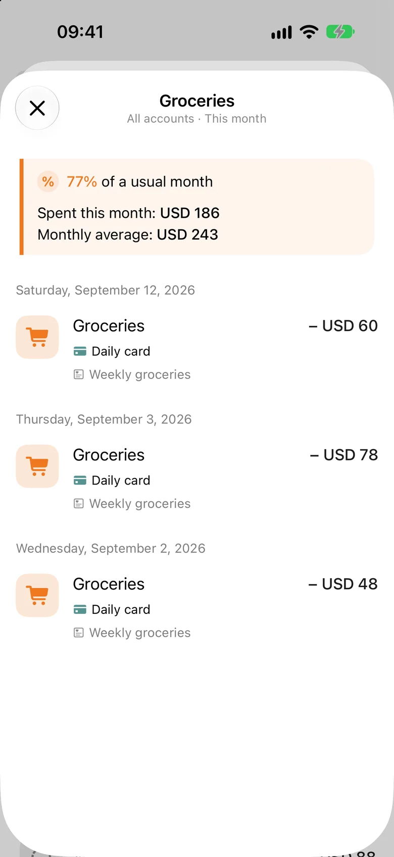 calmfinance category spending comparison screenshot in an iPhone frame