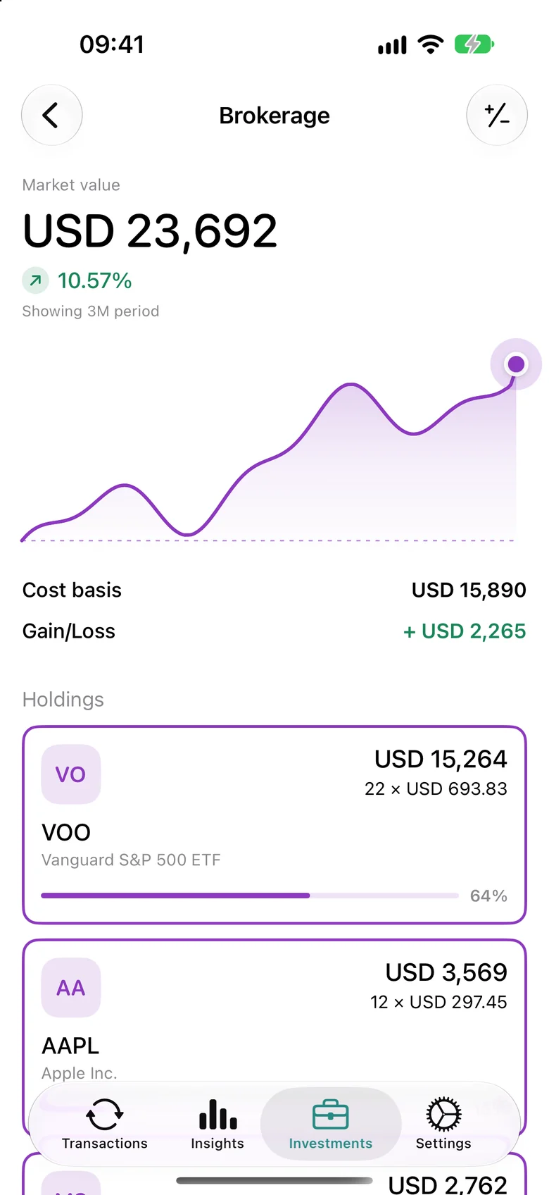 calmfinance brokerage holdings screenshot in an iPhone frame