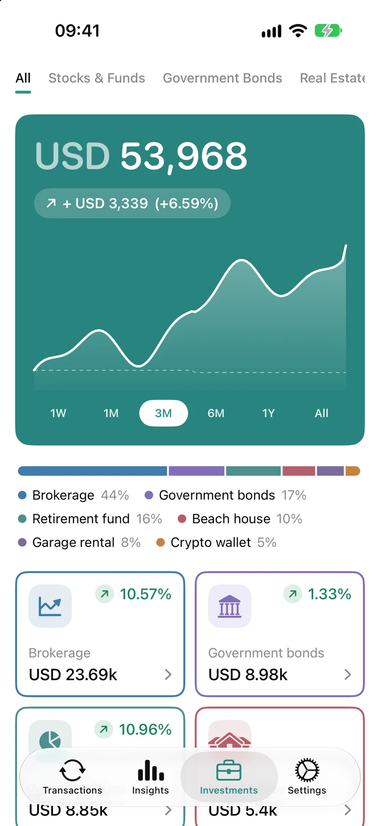 calmfinance investment overview screenshot in an iPhone frame